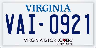 VA license plate VAI0921