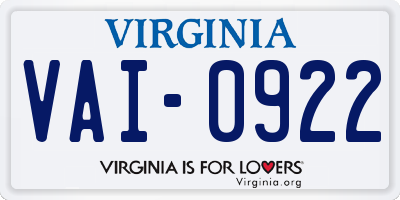 VA license plate VAI0922