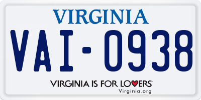 VA license plate VAI0938