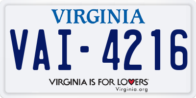 VA license plate VAI4216
