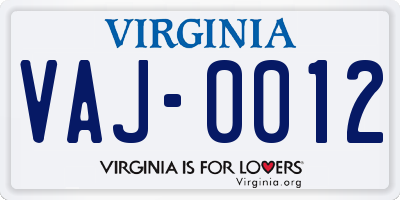 VA license plate VAJ0012