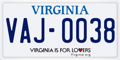 VA license plate VAJ0038