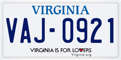 VA license plate VAJ0921