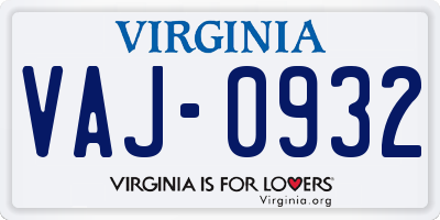 VA license plate VAJ0932