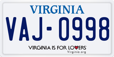 VA license plate VAJ0998