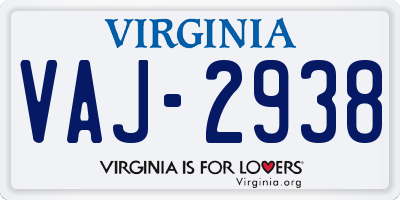 VA license plate VAJ2938