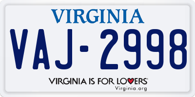 VA license plate VAJ2998