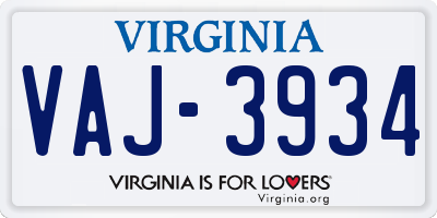 VA license plate VAJ3934