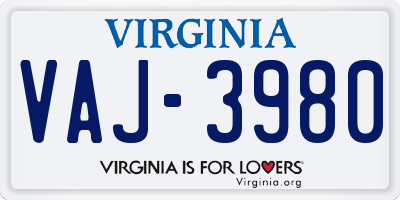 VA license plate VAJ3980