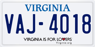 VA license plate VAJ4018