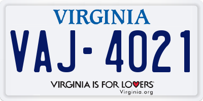 VA license plate VAJ4021