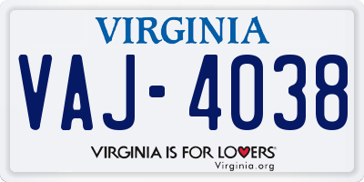 VA license plate VAJ4038