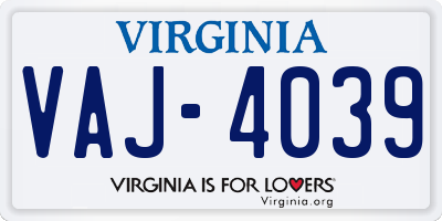 VA license plate VAJ4039