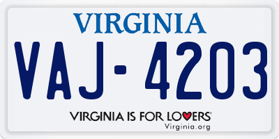 VA license plate VAJ4203