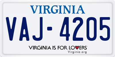 VA license plate VAJ4205