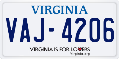 VA license plate VAJ4206