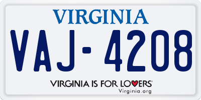 VA license plate VAJ4208