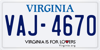 VA license plate VAJ4670