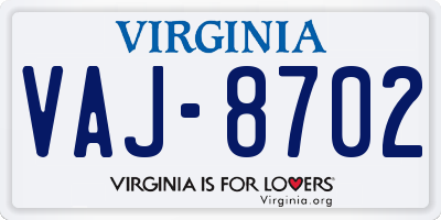VA license plate VAJ8702