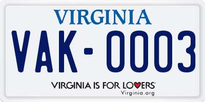 VA license plate VAK0003