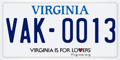 VA license plate VAK0013