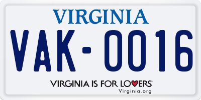 VA license plate VAK0016