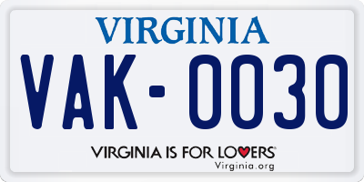 VA license plate VAK0030