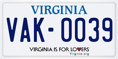 VA license plate VAK0039