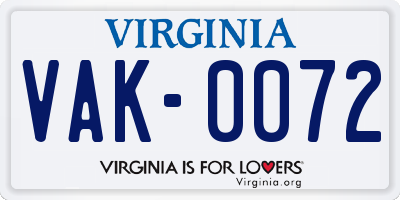VA license plate VAK0072