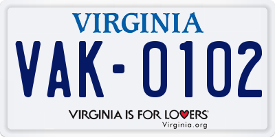 VA license plate VAK0102