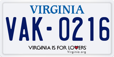 VA license plate VAK0216