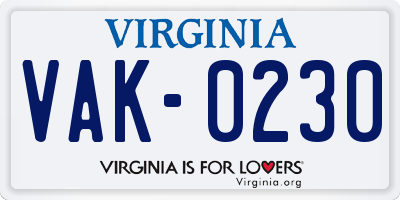 VA license plate VAK0230