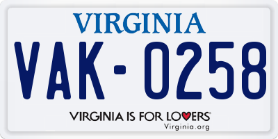 VA license plate VAK0258