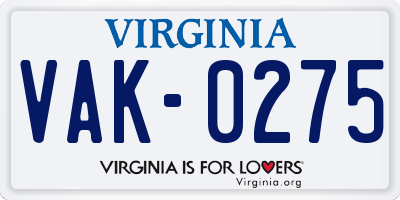 VA license plate VAK0275