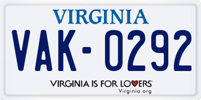 VA license plate VAK0292