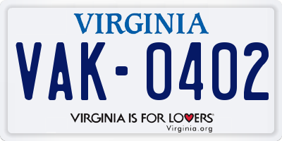 VA license plate VAK0402