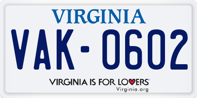 VA license plate VAK0602