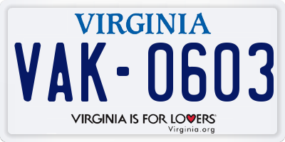 VA license plate VAK0603