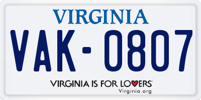 VA license plate VAK0807