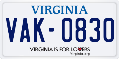 VA license plate VAK0830