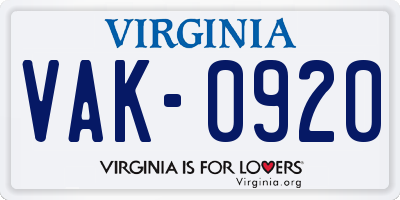 VA license plate VAK0920