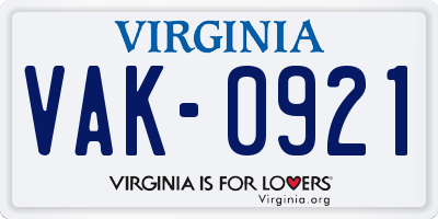 VA license plate VAK0921