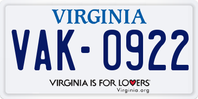 VA license plate VAK0922