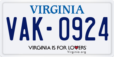 VA license plate VAK0924