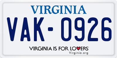 VA license plate VAK0926