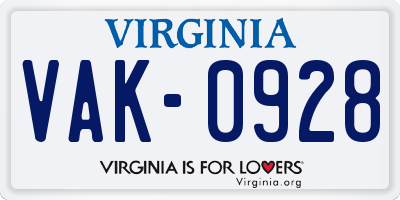 VA license plate VAK0928