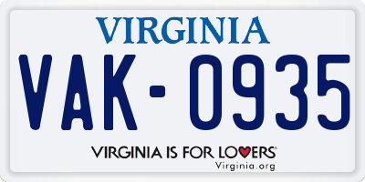 VA license plate VAK0935