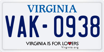 VA license plate VAK0938
