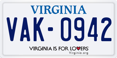 VA license plate VAK0942