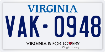 VA license plate VAK0948